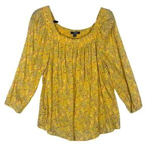 Chaps Women Yellow Floral Smocked Square Neck Peasant Blouse XL Long Sleeve Boho